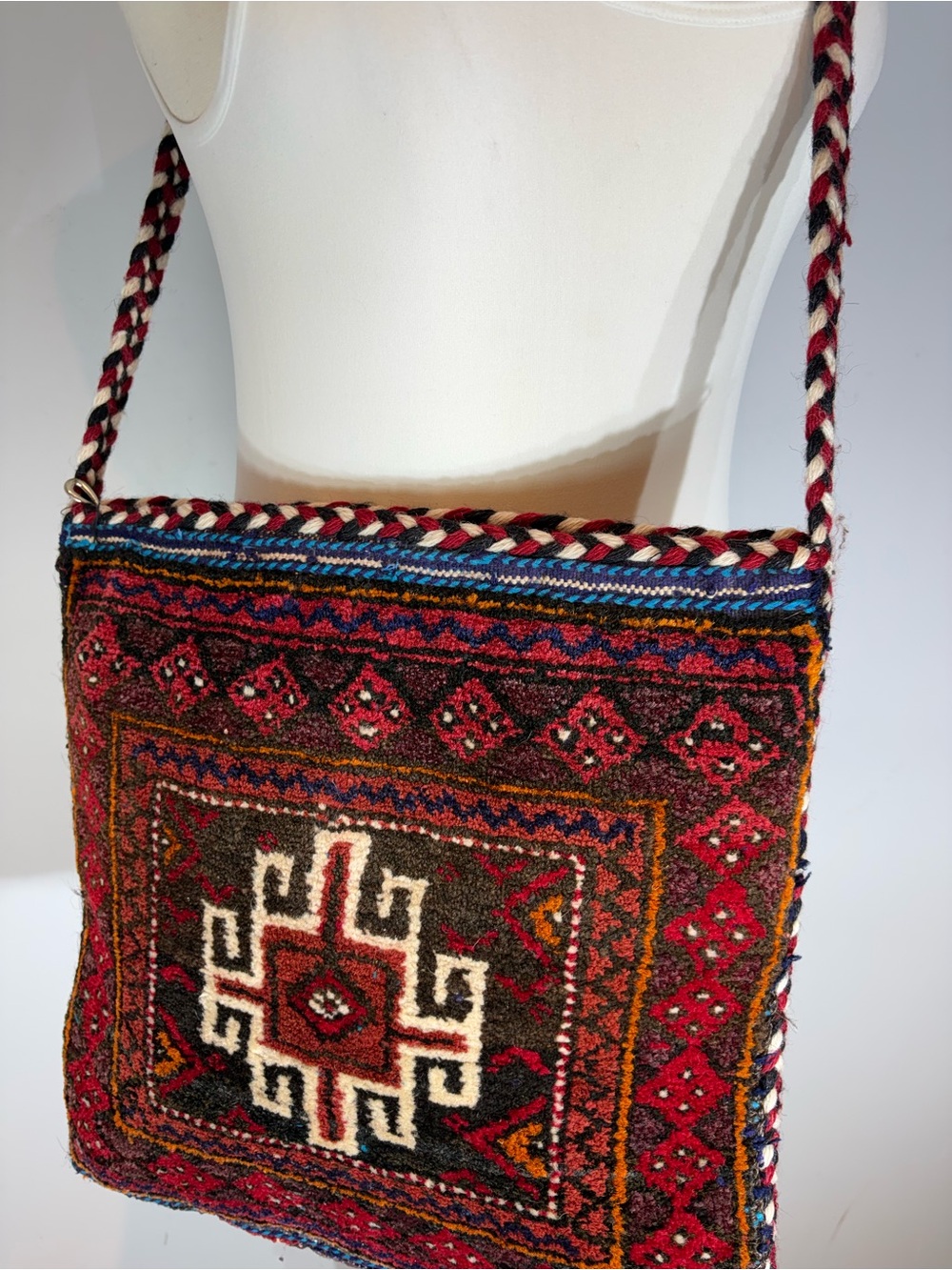 Vintage Handwoven Wool Carpet Crossbody Bag Boho Kilim Artisan - Picture 11 of 13